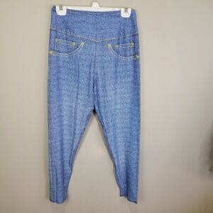 Dren Designs Faux Denim Light Wash Yellow Stitched Ankle Leggings Tall and Curvy